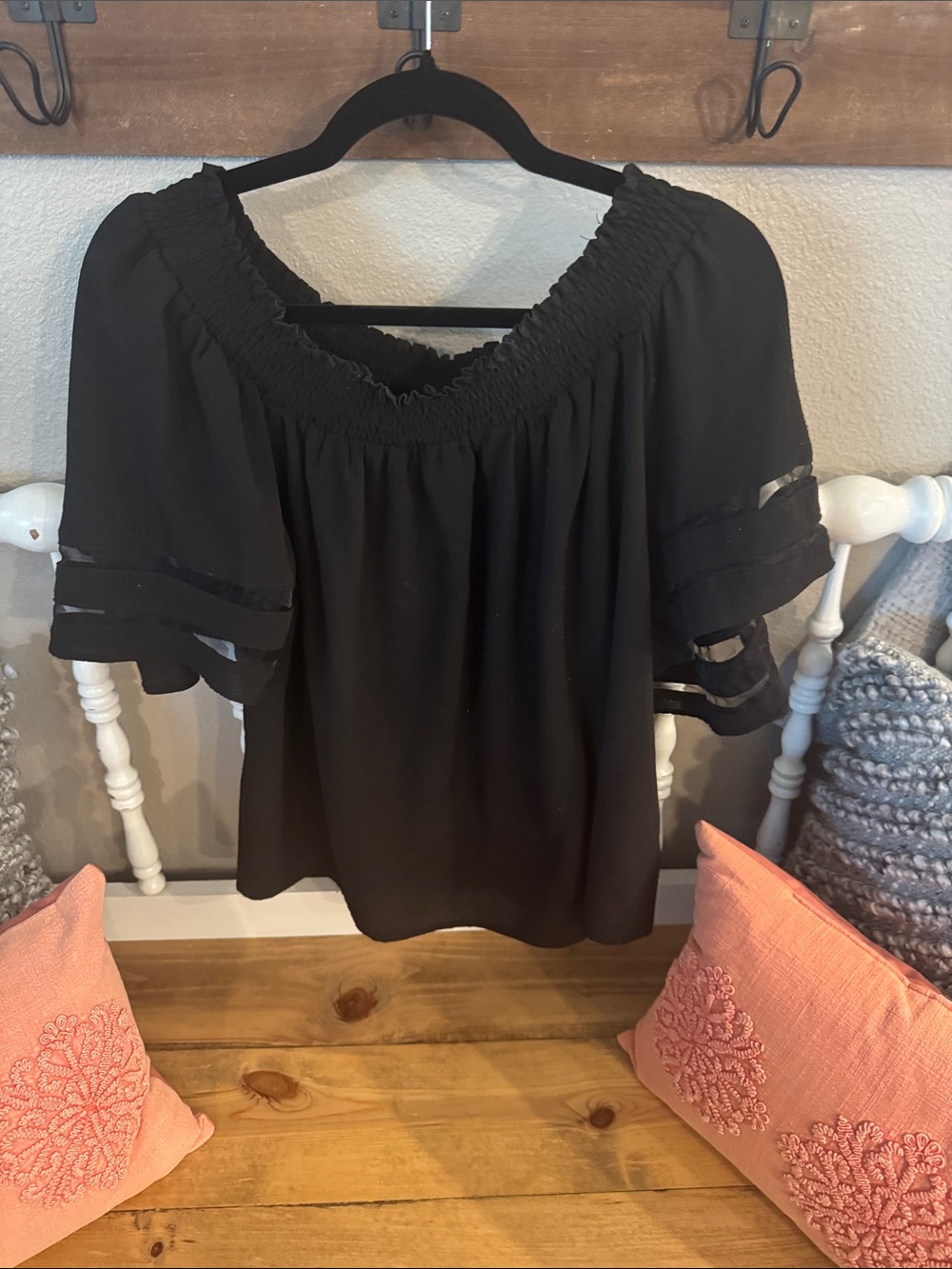 Umgee Black Smocked Off-Shoulder Blouse with Sheer Sleeve Detail